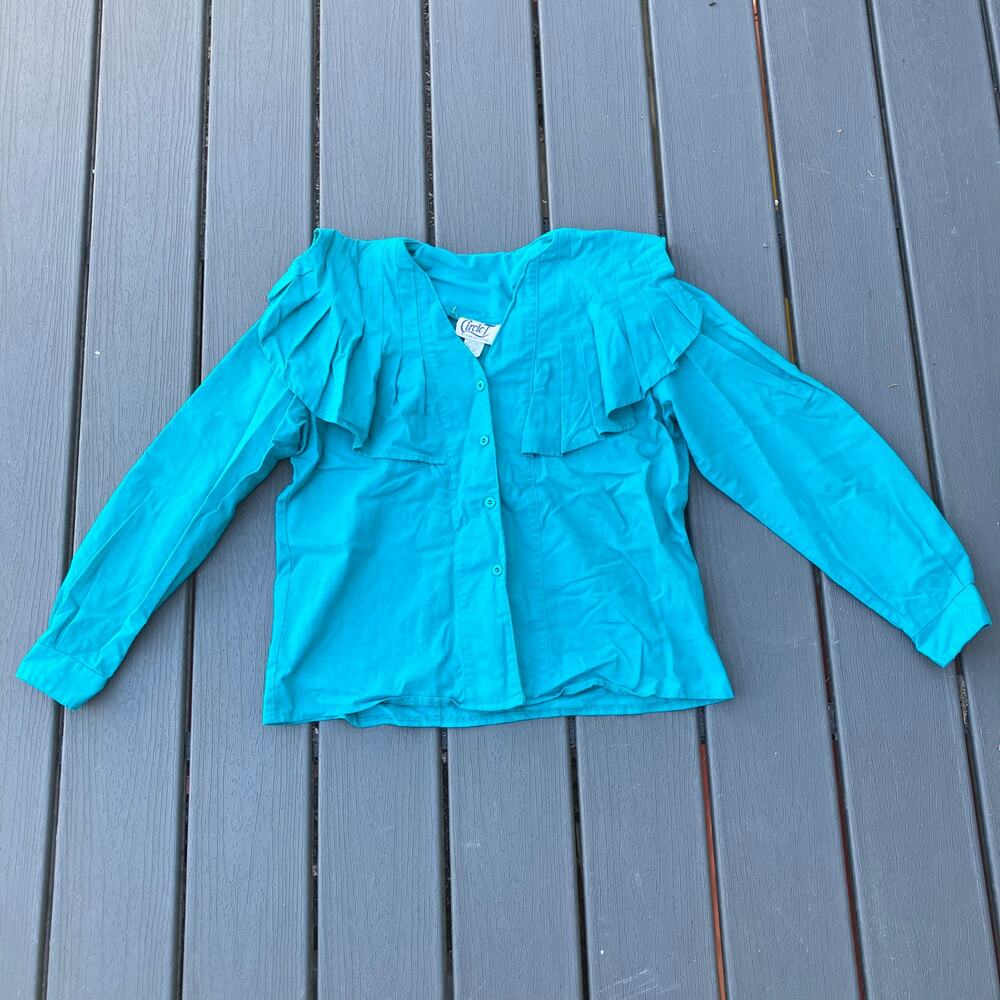 Vintage ruffled blue cotton button up blouse, western cowgirl